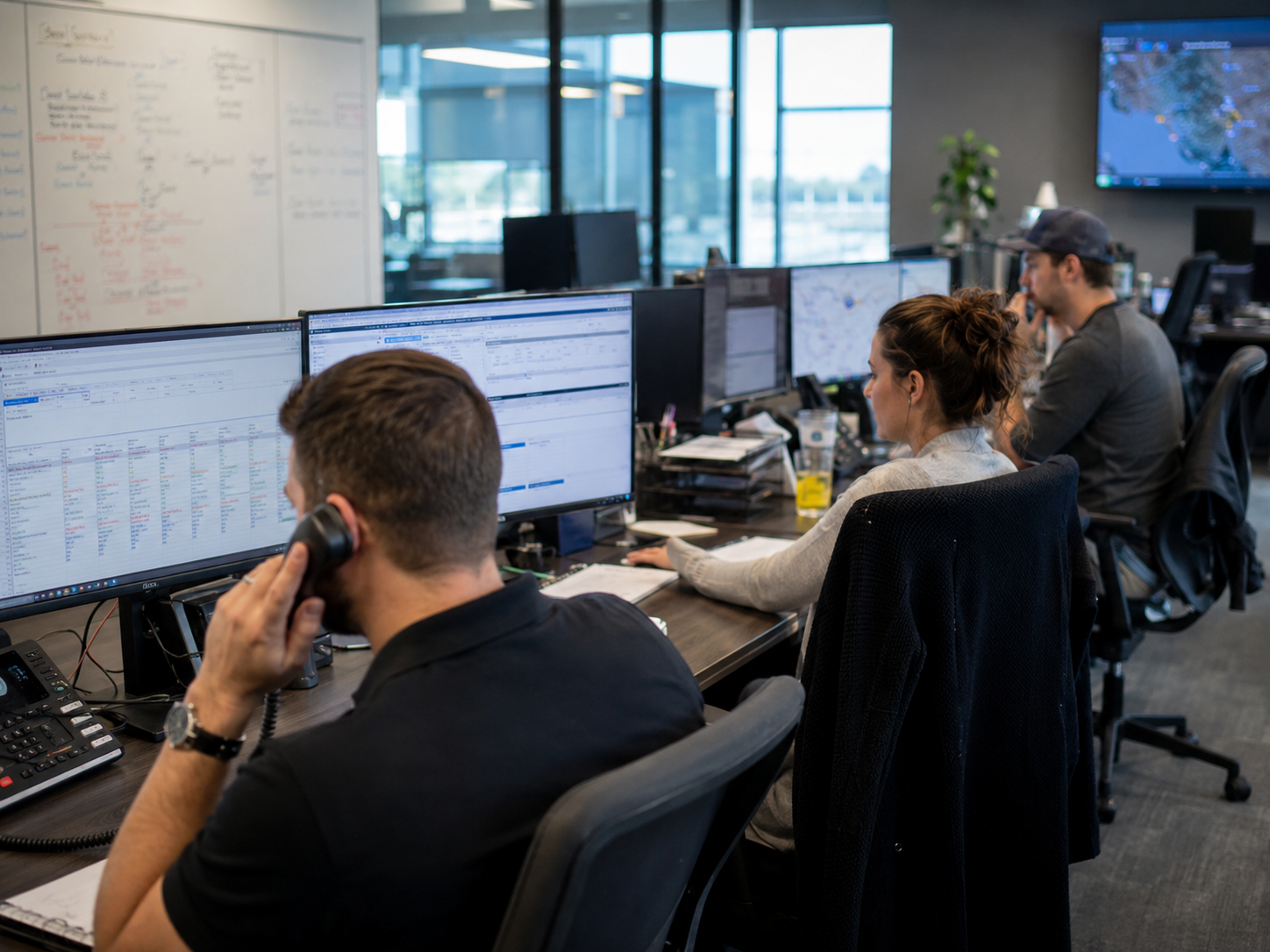 Logistics operations staff working at multiple monitors and speaking with customers and carriers by phone