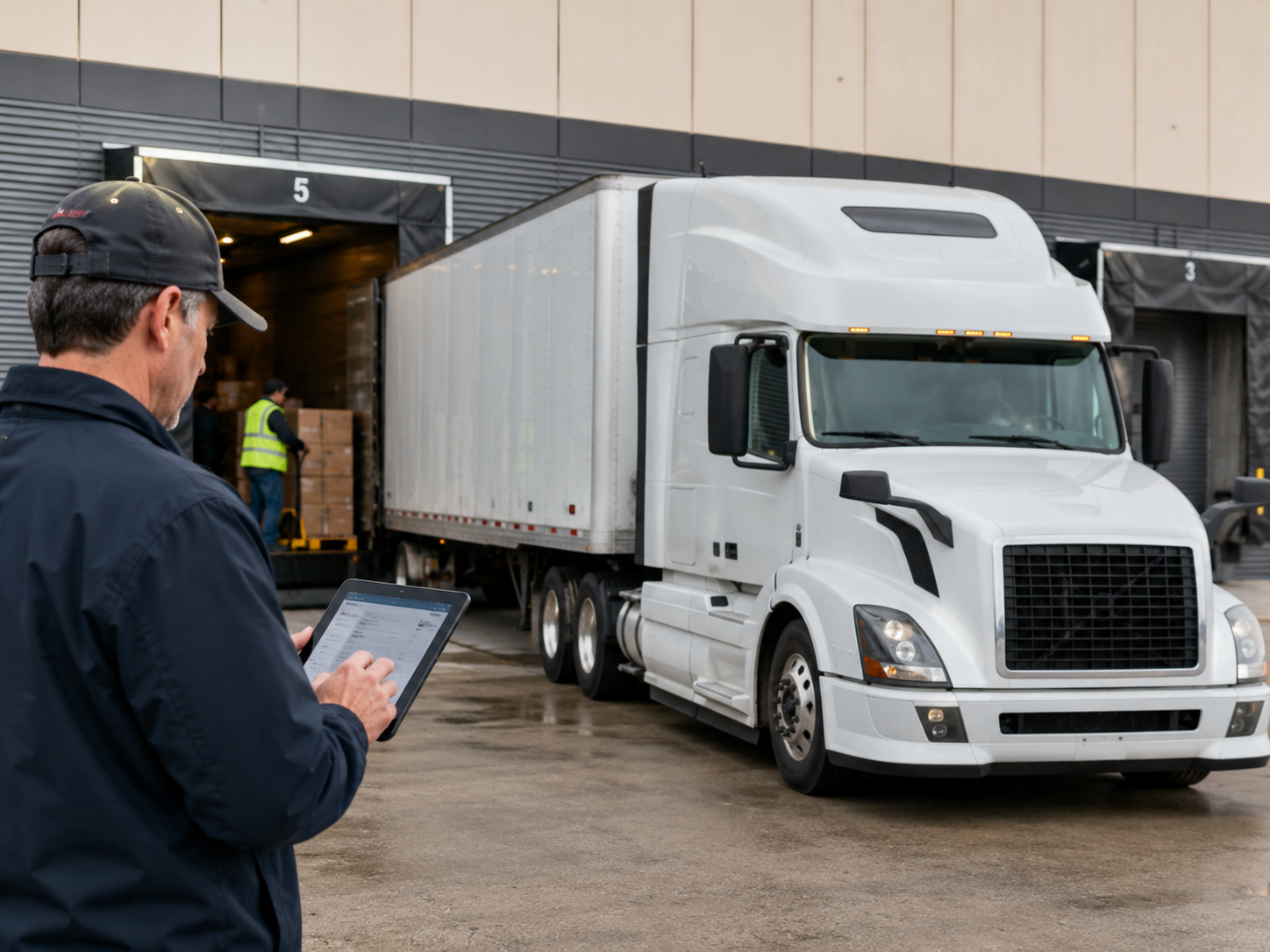 A logistics operator using a tablet beside a truck being loaded at a warehouse dock