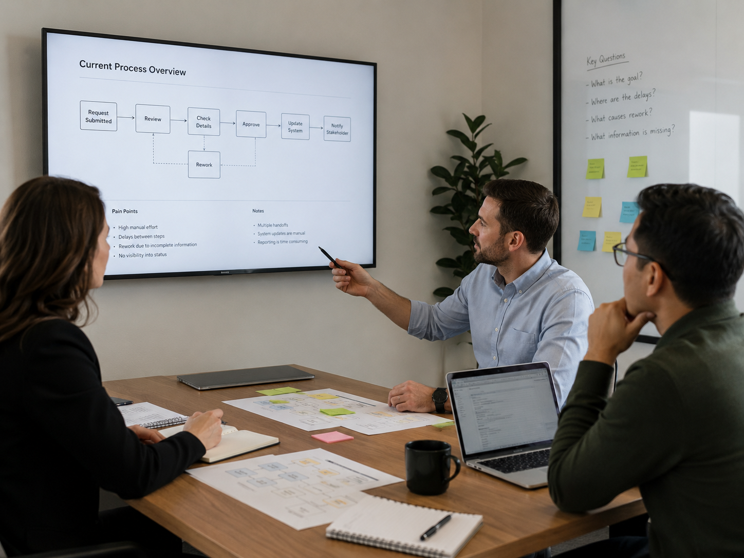 A small business team reviewing a current workflow and its pain points on a large screen