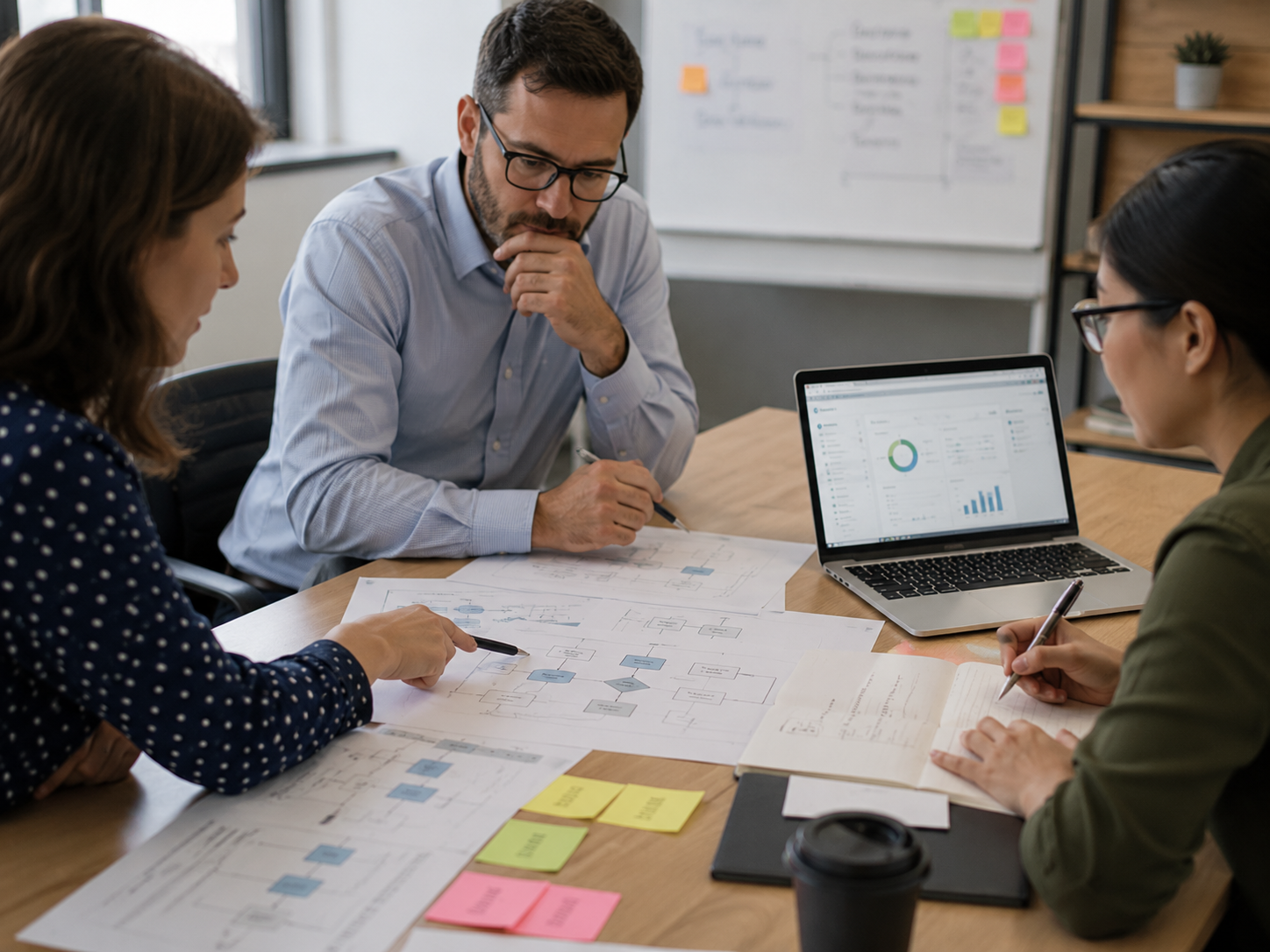 A team mapping a business process together using printed workflow diagrams, notes, and a laptop