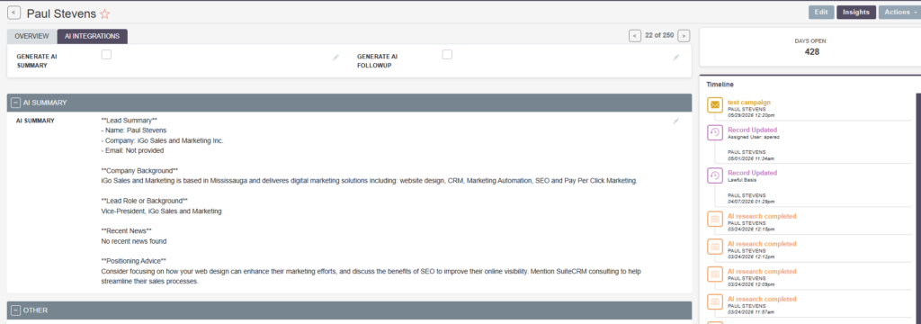 suitecrm AI enrichment example